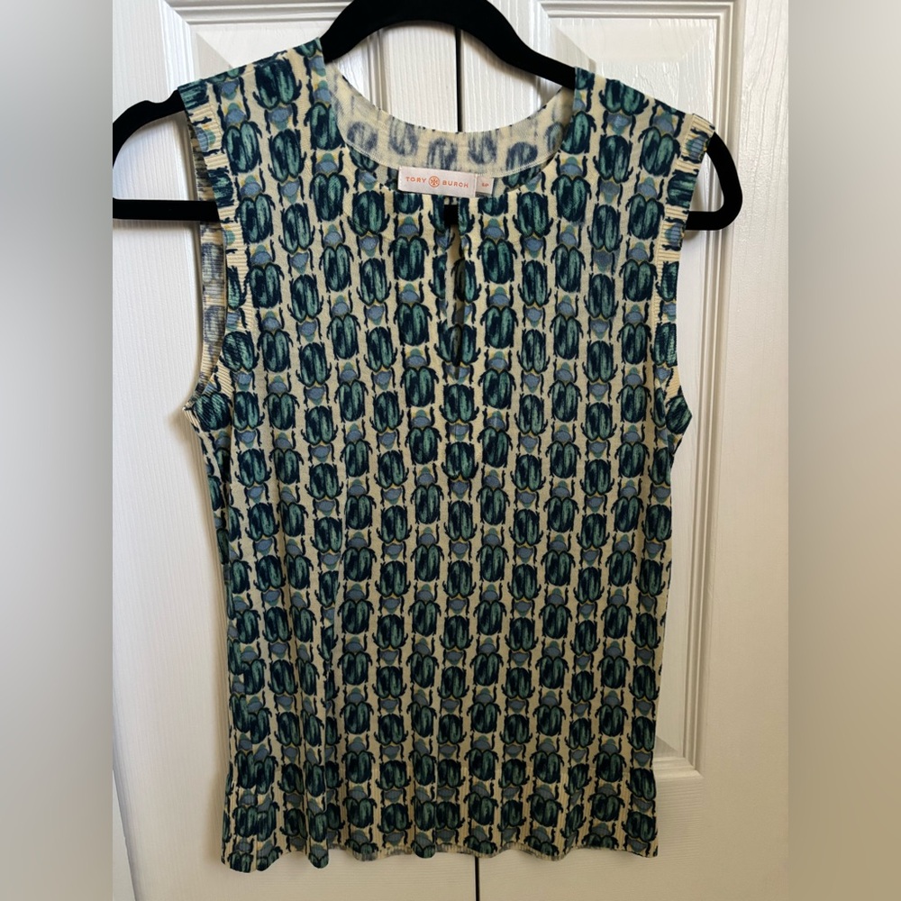 Tory Burch Scarab Beetle Blue and Cream Patterned Top. 100% Merino Wool. Small.